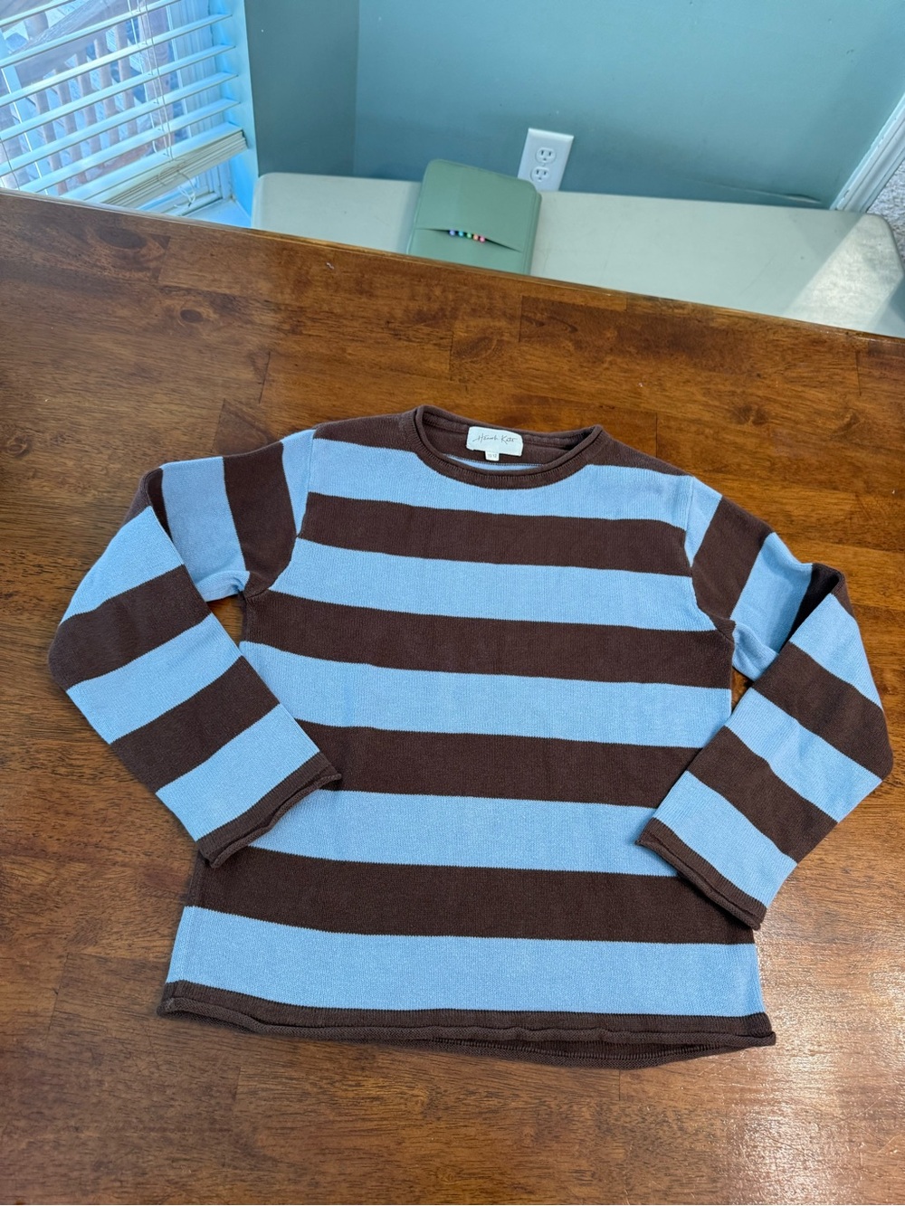 Hannah Kate Girls Boys Size 10/12 Brown Blue Striped Knit Crew Neck Sweater Top